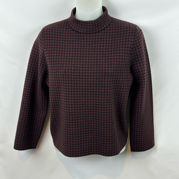 Theory Harmona Houndstooth Printed‎ Burgundy Wool Mock Neck Top Sweater Size S - Picture 3 of 12